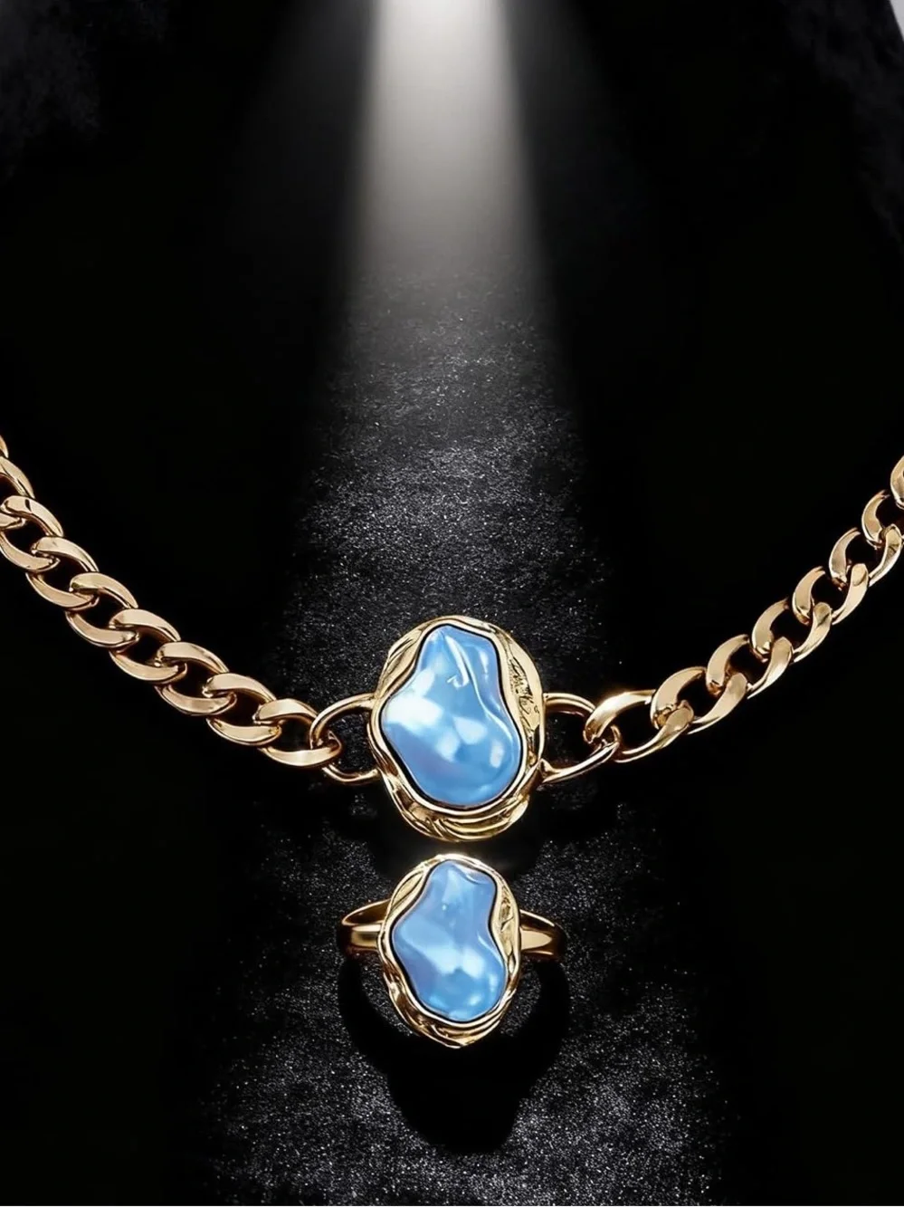 Anthropologie Gold-Tone Chain Necklace and Ring Set with Blue Cabochons